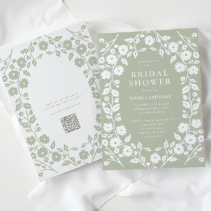 QR Code Salie Groen Witte Folk Bloemen Vrijgezelle Kaart