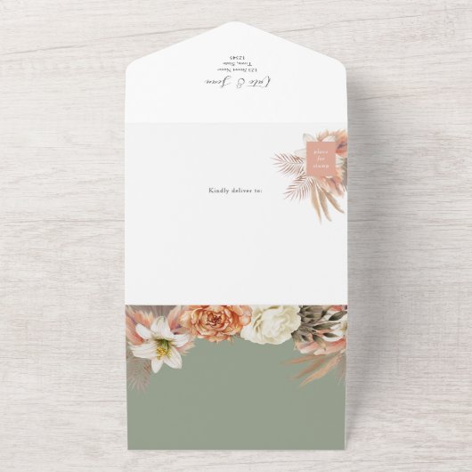 QR Code Salie Groene Bloemen Huwelijk All In One Uitnodiging (Buitenkant)