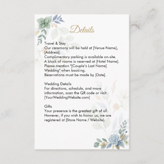 QR Code Salie Groene Bloemen Waterverf bruiloft Informatiekaartje (Voorkant)