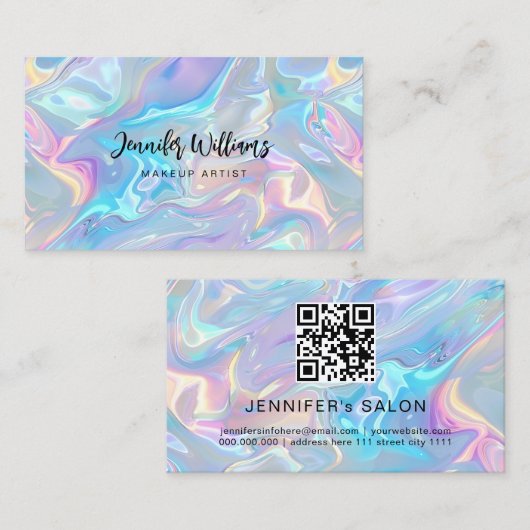 QR Code Salon Elegant Holografisch Visitekaartje (Voorkant / Achterkant)