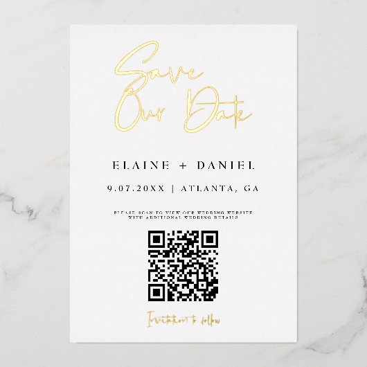 QR Code Save Our Date Foto Goud Folie Uitnodiging (Voorkant)