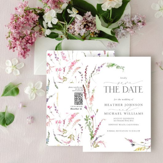 QR Code Save the Date Elegant Wildflower Floral Kaart