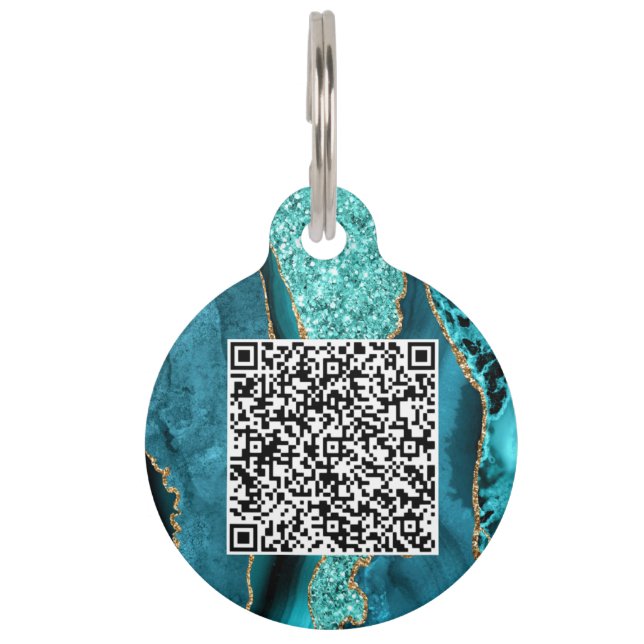 QR Code Scan Agaat Blauwgroen Blauw Goud Glitter M Huisdierpenning (Voorkant)