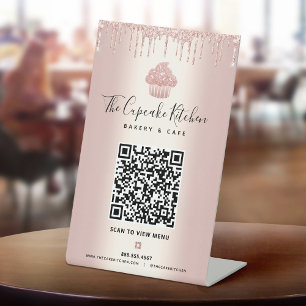 QR Code Scan Menu Roze Gouden Cupcake Glitter Bakk Reclamebord Met Voetstuk