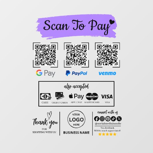 QR Code Scan om Venmo Paypal te betalen Google Pay Raamsticker (Vel)