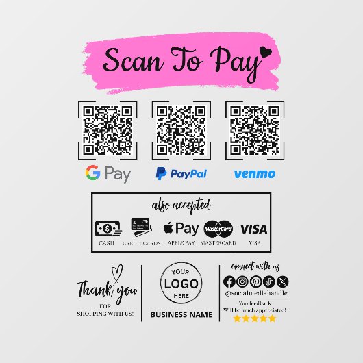 QR Code Scan om Venmo Paypal te betalen Google Pay Raamsticker (Vel)