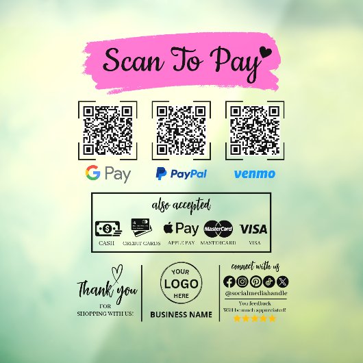 QR Code Scan om Venmo Paypal te betalen Google Pay Raamsticker (Vel 3)