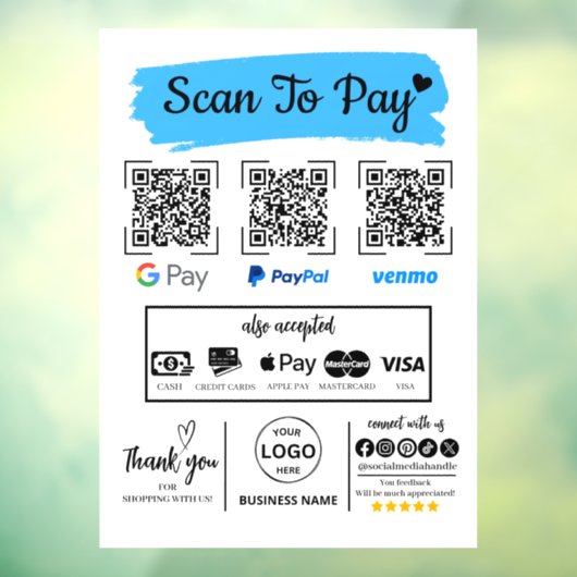 QR Code Scan om Venmo Paypal te betalen Google Pay Raamsticker (Vel 3)