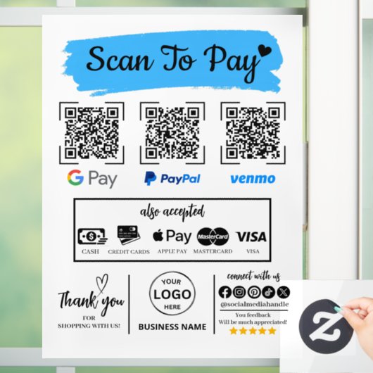 QR Code Scan om Venmo Paypal te betalen Google Pay Raamsticker (Huis)