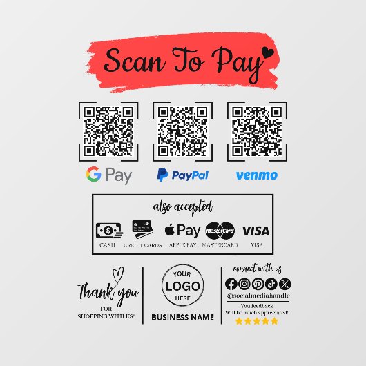 QR Code Scan om Venmo Paypal te betalen Google Pay Raamsticker (Vel)
