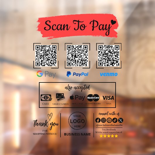 QR Code Scan om Venmo Paypal te betalen Google Pay Raamsticker (Vel 2)