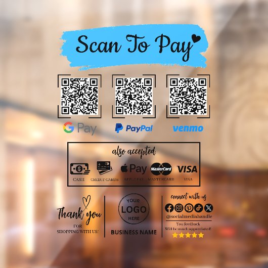 QR Code Scan om Venmo Paypal te betalen Google Pay Raamsticker (Vel 2)
