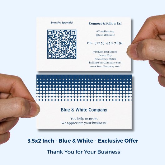QR-code scan voor specials wit blauw bedankt Visitekaartje