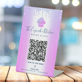 QR-code Scanmenu Paars Cupcake Glitter Bakery Reclamebord Met Voetstuk