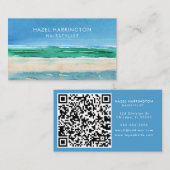 QR Code Scannable Beach Waterverf Ocean Blue Visitekaartje (Voorkant / Achterkant)