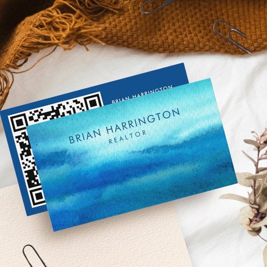 QR Code Scannable Blue Waterverf Coastal Trendy Visitekaartje