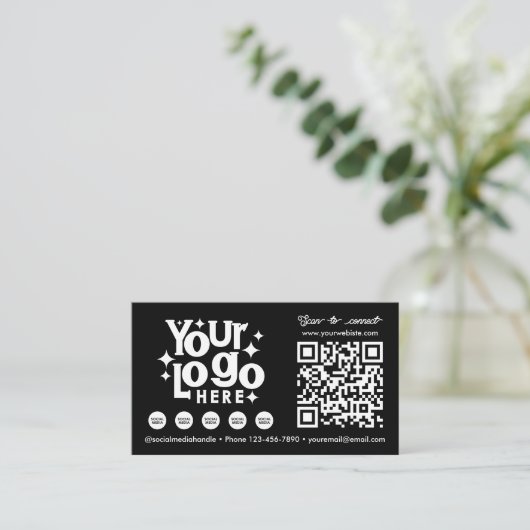 QR Code Scannable Social Media Black Business Logo Visitekaartje (Staand voorkant)