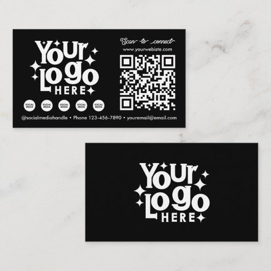 QR Code Scannable Social Media Black Business Logo Visitekaartje (Voorkant / Achterkant)