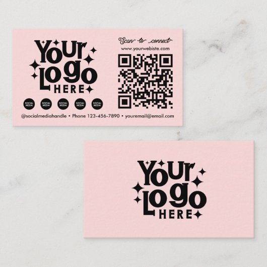 QR Code Scannable Social Media Pink Business Logo Visitekaartje (Voorkant / Achterkant)