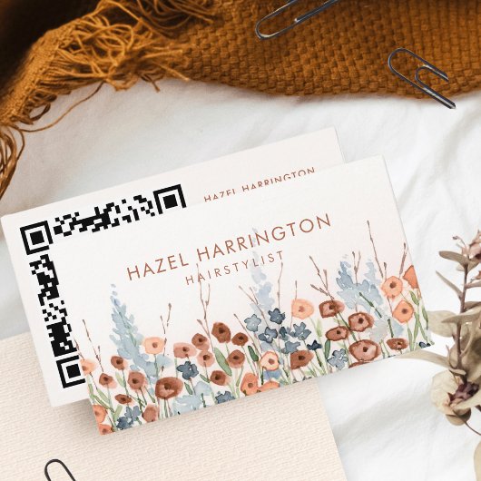 QR Code Scannable Waterverf Bloemen Boho Trendy Visitekaartje