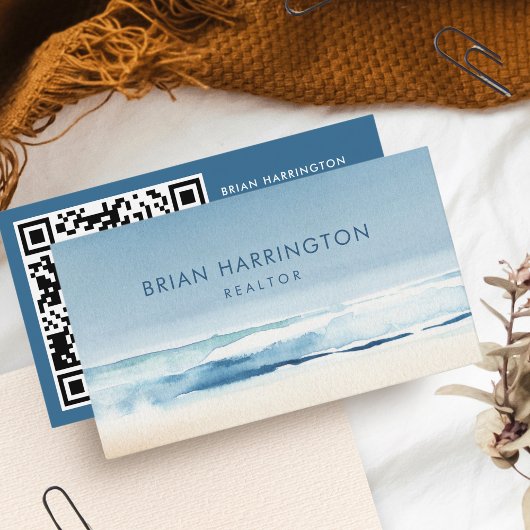 QR Code Scannable Waterverf Coastal Blue Beach Visitekaartje