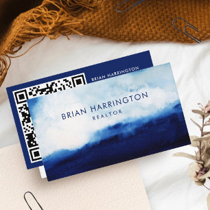 QR Code Scannable Waterverf Moody Navy Blue Visitekaartje