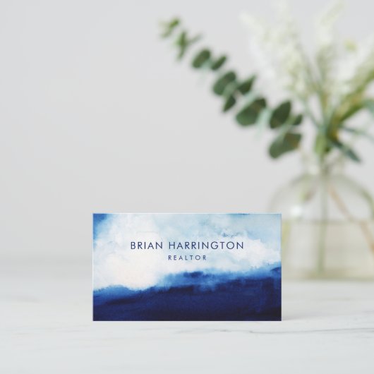 QR Code Scannable Waterverf Moody Navy Blue Visitekaartje (Staand voorkant)