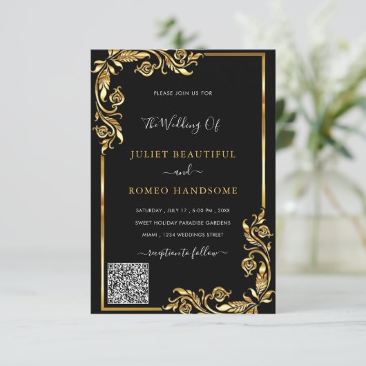 QR Code Scannen Info Zwart gouden bruiloft Uitnodi (Staand voorkant)