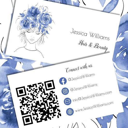 QR code schattig meisje blauw waterverf rozen flor Visitekaartje