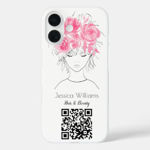 QR code schattig meisje roze waterverf rozen flora iPhone 16 Hoesje