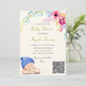 QR Code Schattige Slapen Baby Boy Douche Invitatio (Staand voorkant)