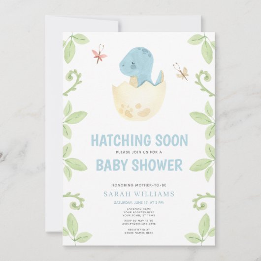 QR Code Schattigee Dinosaur Hatching Soon Baby sho Kaart (Voorkant)