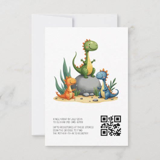 QR Code Schattigee Dinosaur Hatching Soon Baby sho Kaart (Achterkant)