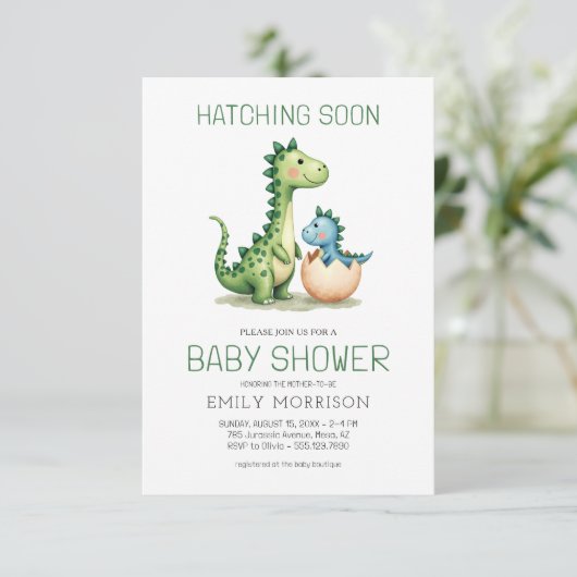 QR Code Schattigee Dinosaur Hatching Soon Baby sho Kaart (Staand voorkant)