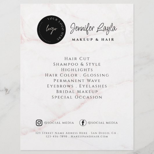 QR Code Schoonheidssalon Aangepast Logo Roze Marme Flyer (Voorkant)