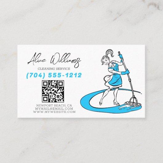 QR Code Schoonmaak Service Blauw Maid Foto Visitekaartje (Voorkant)