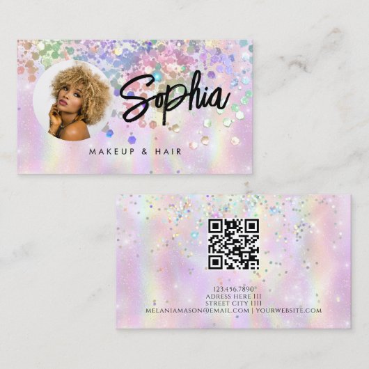 QR-code Shiny Beauty Holographic Pink Glitter Visitekaartje (Voorkant / Achterkant)