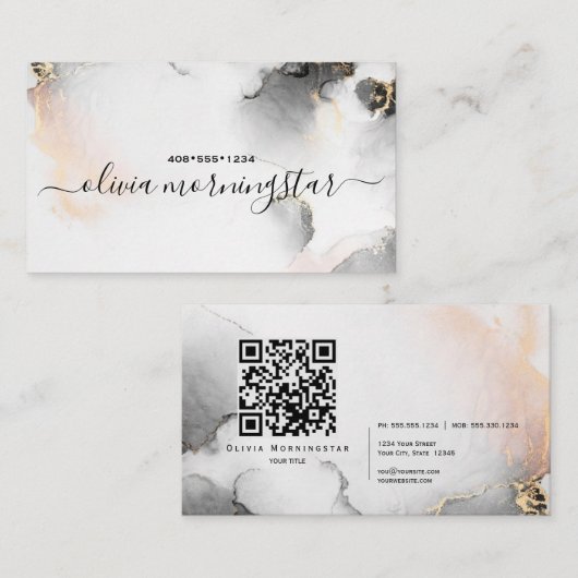 QR Code Sig Zwart Goud Blush Waterverf Agaat Visitekaartje (Voorkant / Achterkant)