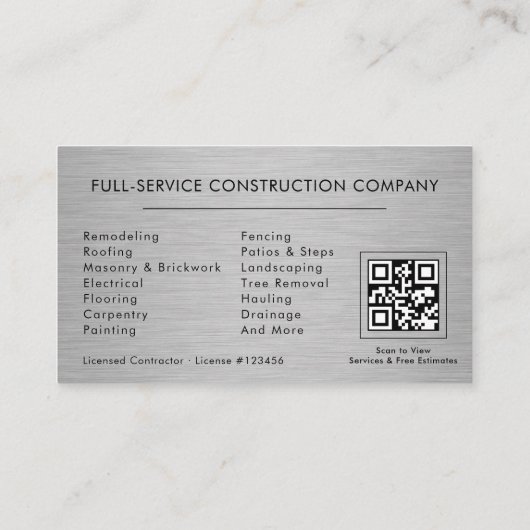 QR Code Silver Metallic Handyman Construction Visitekaartje (Achterkant)