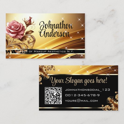 QR Code Sjabloon Deluxe Golden Roos Luxe Chique Visitekaartje (Voorkant / Achterkant)