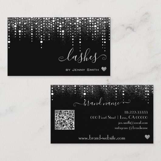 QR Code Sjabloon Drips Zilveren Glitter Regen Visitekaartje (Voorkant / Achterkant)