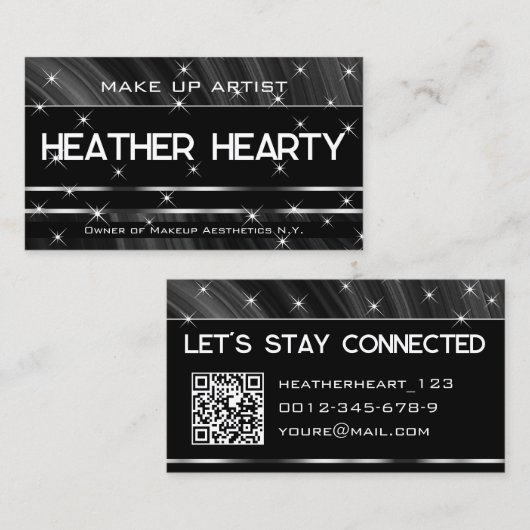 QR Code Sjabloon Luxe Black Silver Glitter Stars Visitekaartje (Voorkant / Achterkant)