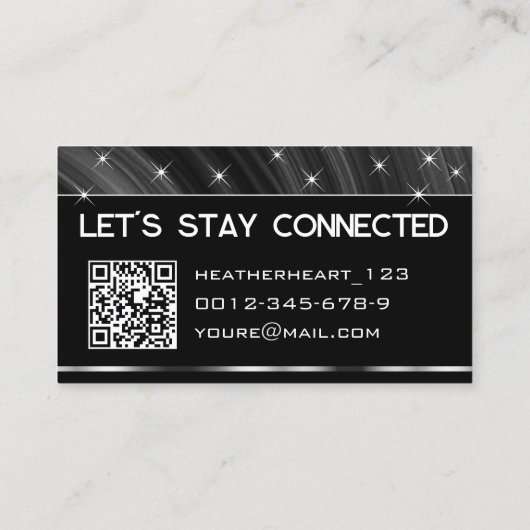 QR Code Sjabloon Luxe Black Silver Glitter Stars Visitekaartje (Achterkant)