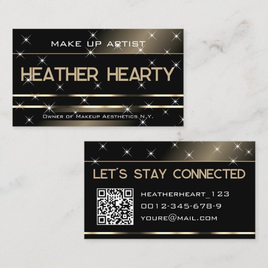 QR Code Sjabloon Luxe Zwart Goud Glitter Stars Visitekaartje (Voorkant / Achterkant)