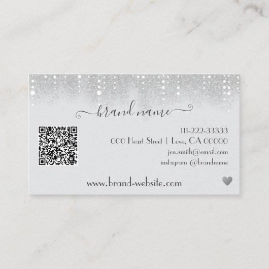 QR Code Sjabloon  Wit Zilver Glitter Regen Visitekaartje (Achterkant)