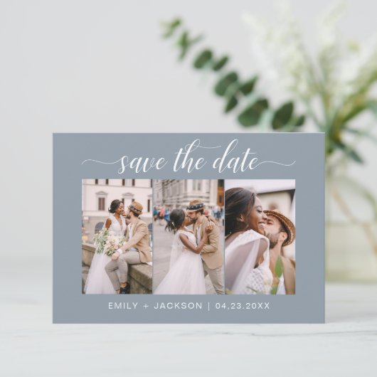 QR Code - Sla de datum Dusty Blue 3 Foto Save The Date (Staand voorkant)