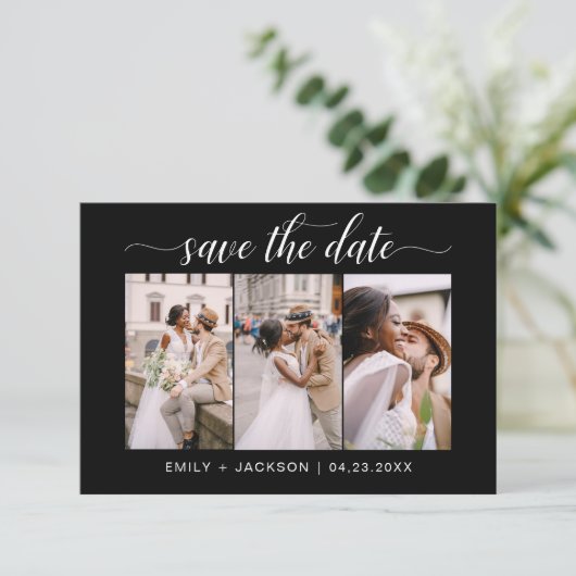 QR Code - Sla de datum op Zwart 3 Foto Save The Date (Staand voorkant)