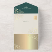 QR Code Smaragd Gouden Bloem Bruiloft All In One Uitnodiging (Buitenkant)