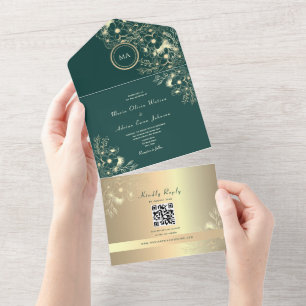 QR Code Smaragd Gouden Bloem Bruiloft All In One Uitnodiging