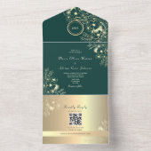 QR Code Smaragd Gouden Bloem Bruiloft All In One Uitnodiging (Binnen)